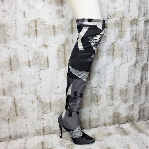 Cape Robbin Black & White Graphic Print Thigh High Stretchy Boot - Picture 1 of 12